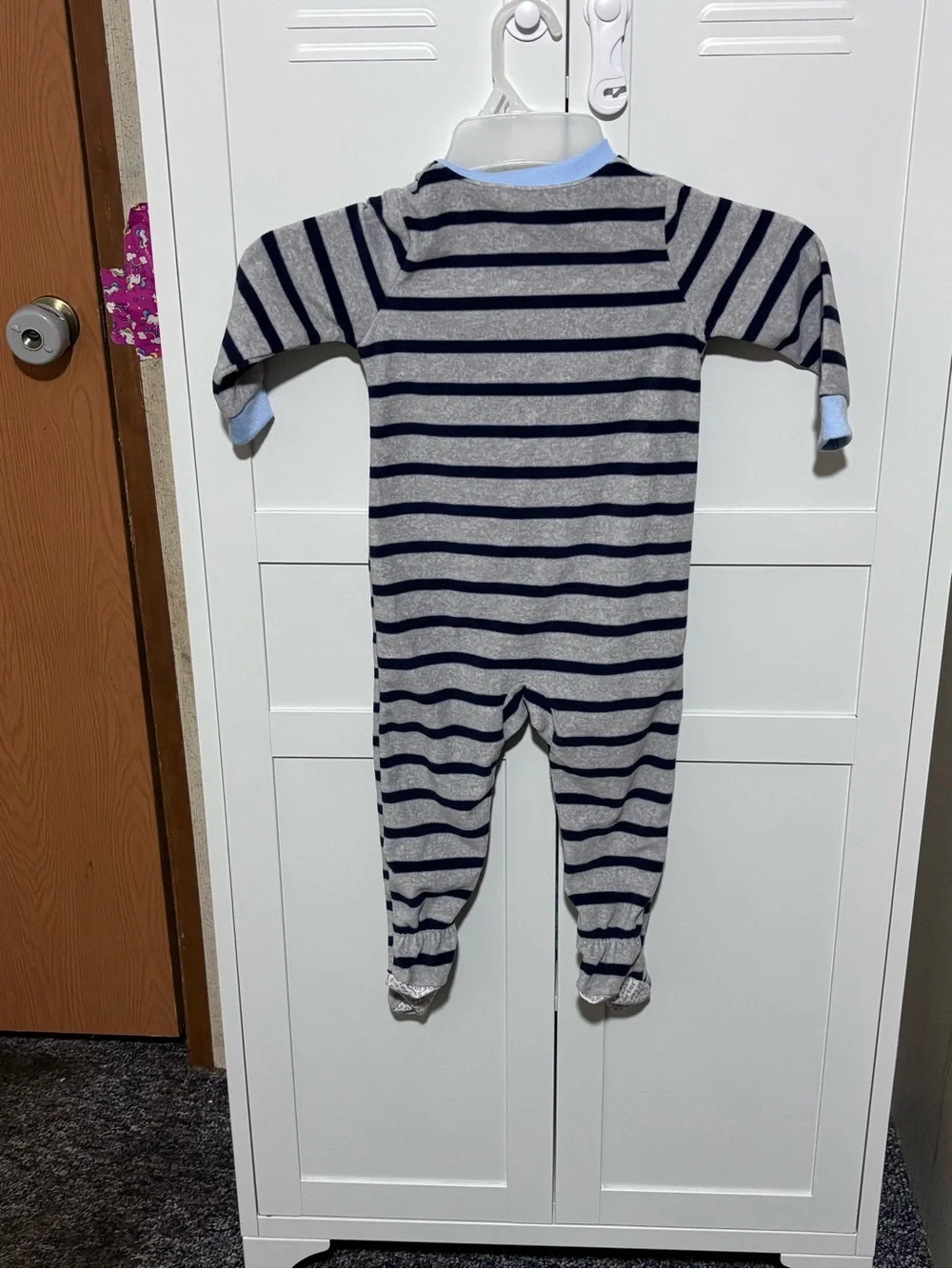 Carter’s Boys' Navy & Gray Striped One-Piece Footed Pajamas with Yeti Patch